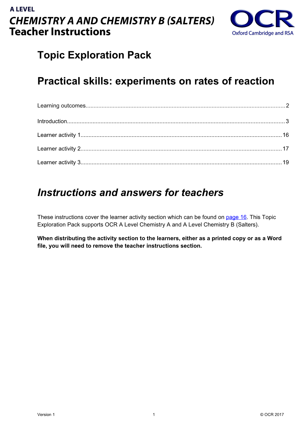 OCR a Level Chemistry a and Chemistry B (Salters) TEP - Practical Skills in Experiement in Rates