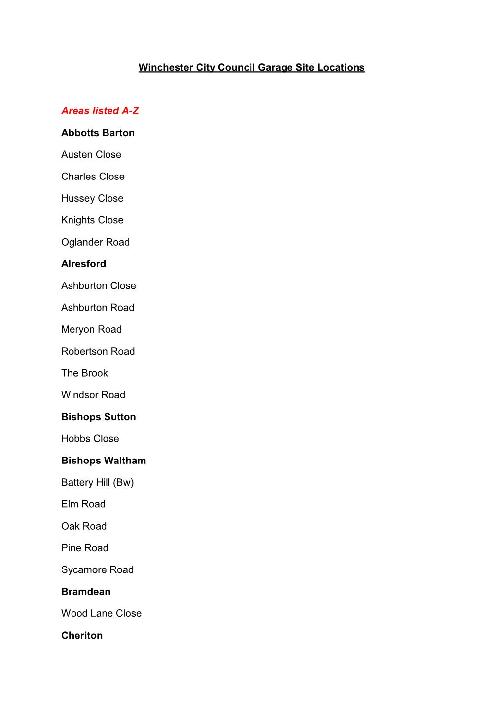 Winchester City Council Garage Site Locations