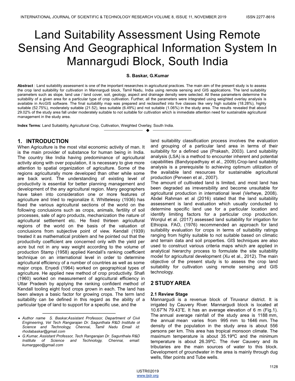 Land Suitability Assessment Using Remote Sensing and Geographical Information System in Mannargudi Block, South India