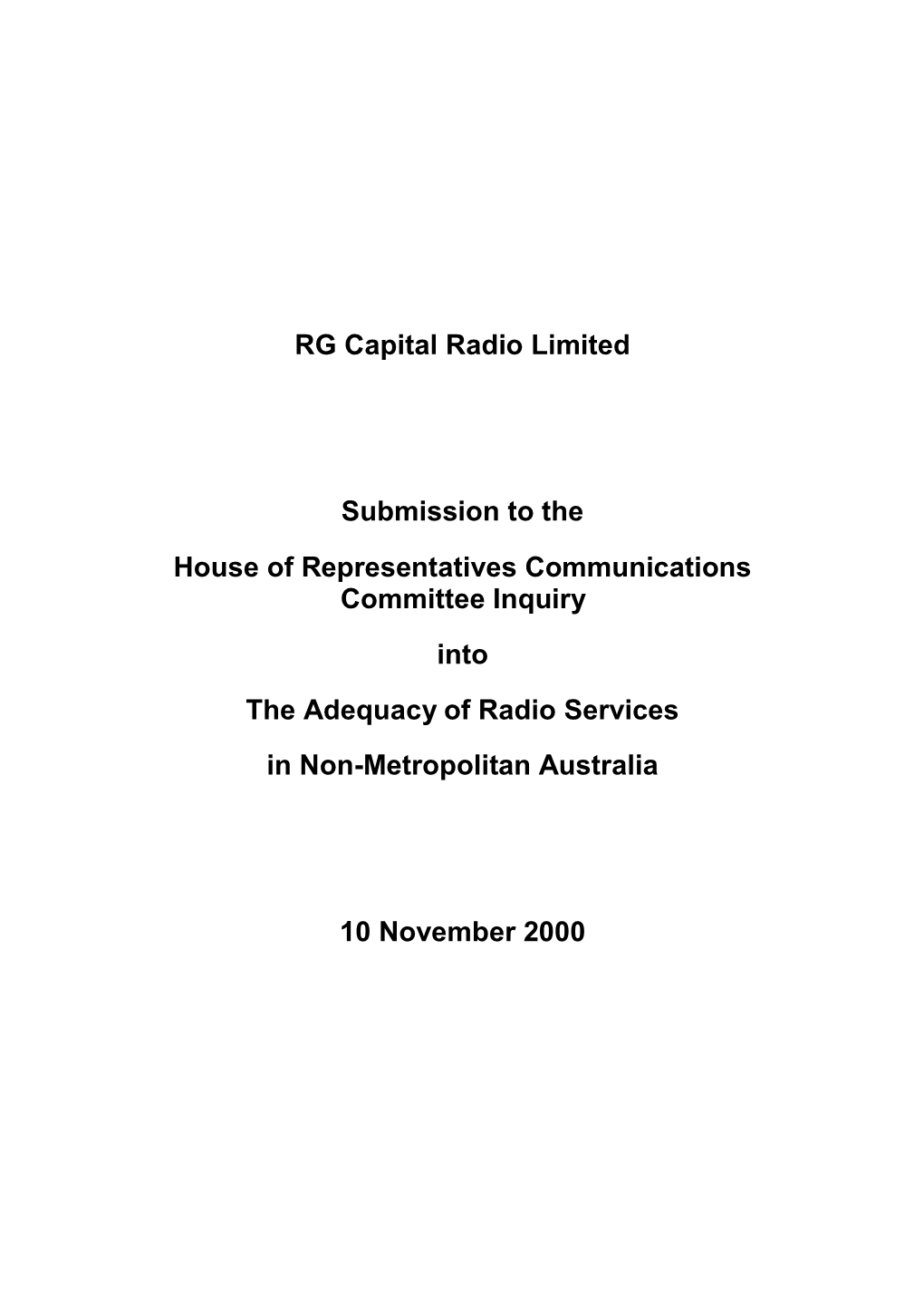 RG Capital Radio Limited Submission to the House of Representatives