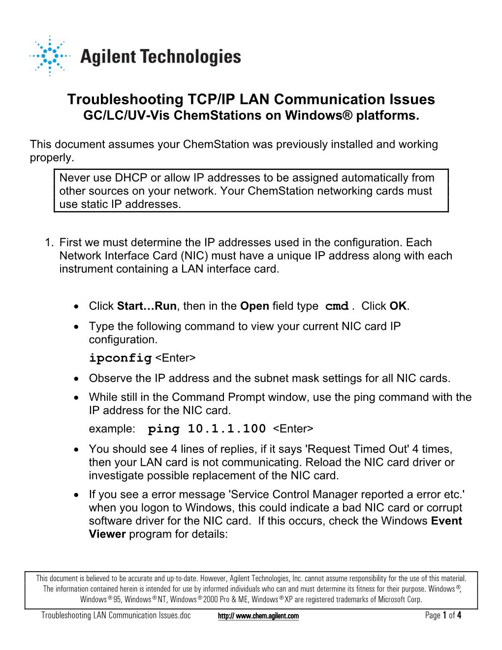 Troubleshooting TCP/IP LAN Communication Issues GC/LC/UV-Vis Chemstations on Windows® Platforms