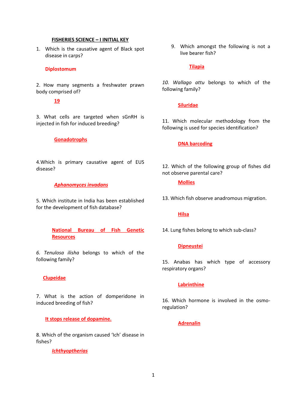 1 FISHERIES SCIENCE – I INITIAL KEY 1. Which Is the Causative Agent