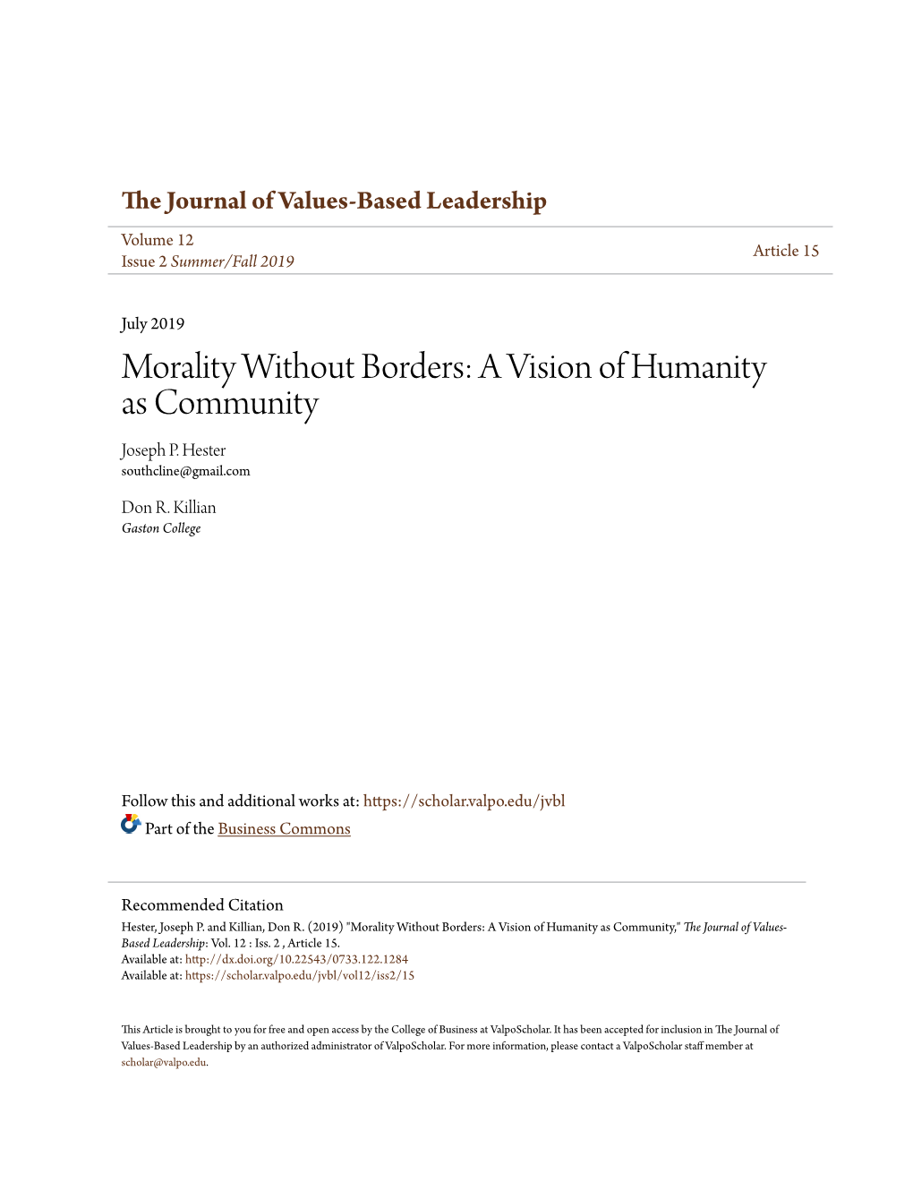 Morality Without Borders: a Vision of Humanity As Community Joseph P