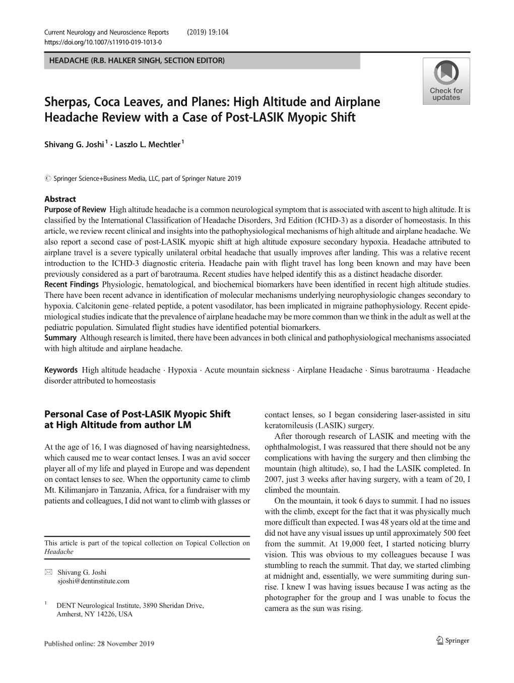 Sherpas, Coca Leaves, and Planes: High Altitude and Airplane Headache Review with a Case of Post-LASIK Myopic Shift