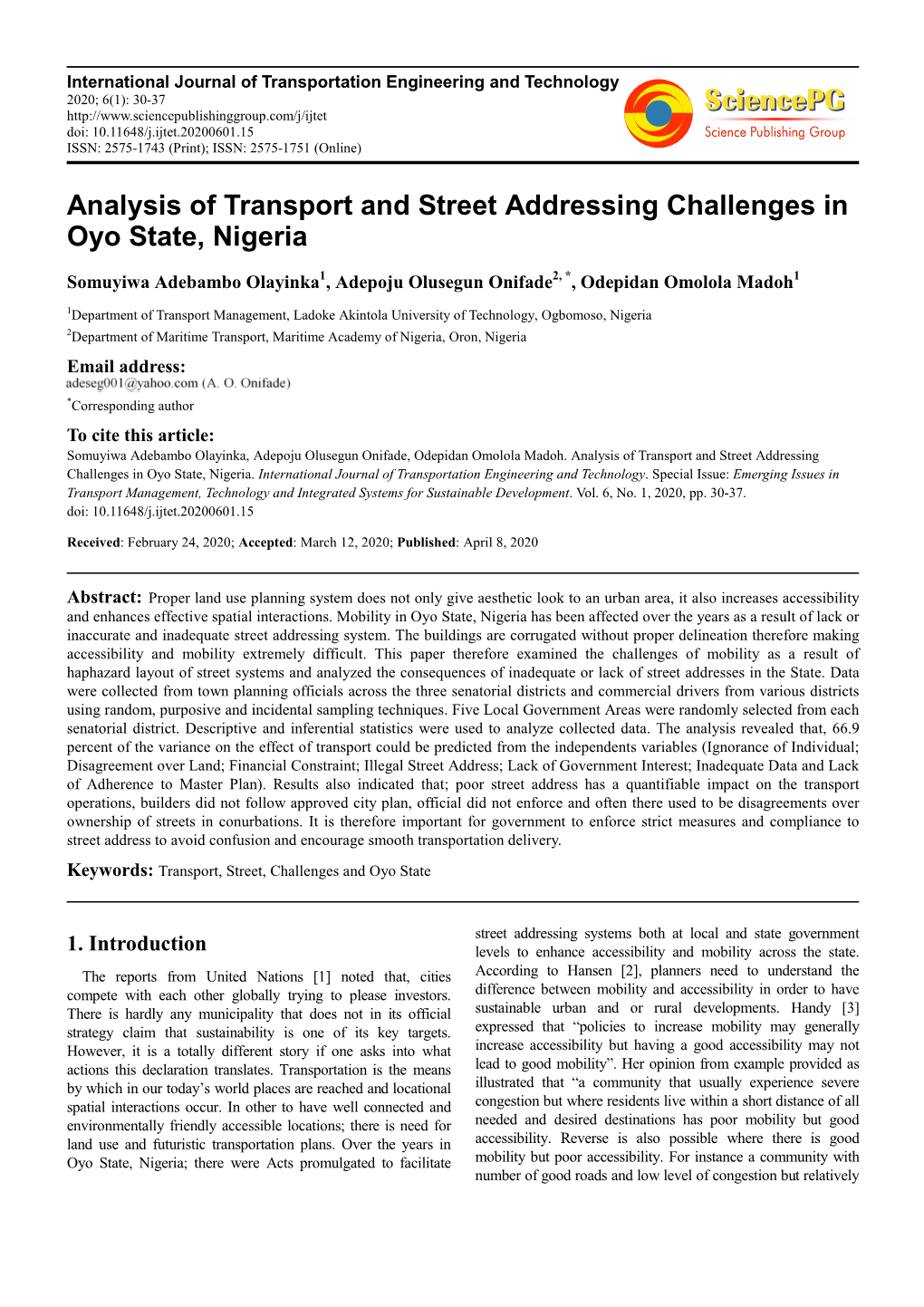 Analysis of Transport and Street Addressing Challenges in Oyo State, Nigeria