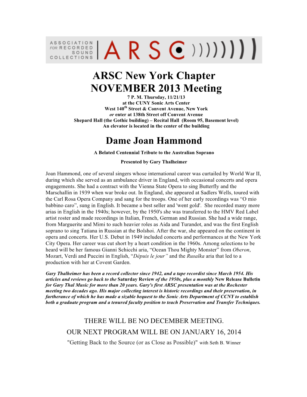 ARSC New York Chapter NOVEMBER 2013 Meeting