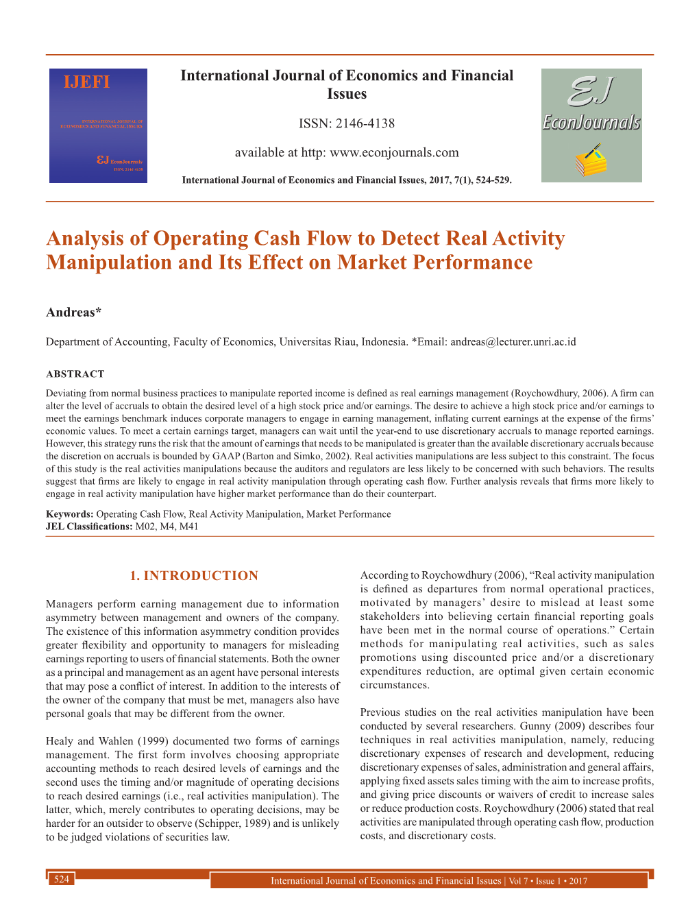 Analysis of Operating Cash Flow to Detect Real Activity Manipulation and Its Effect on Market Performance