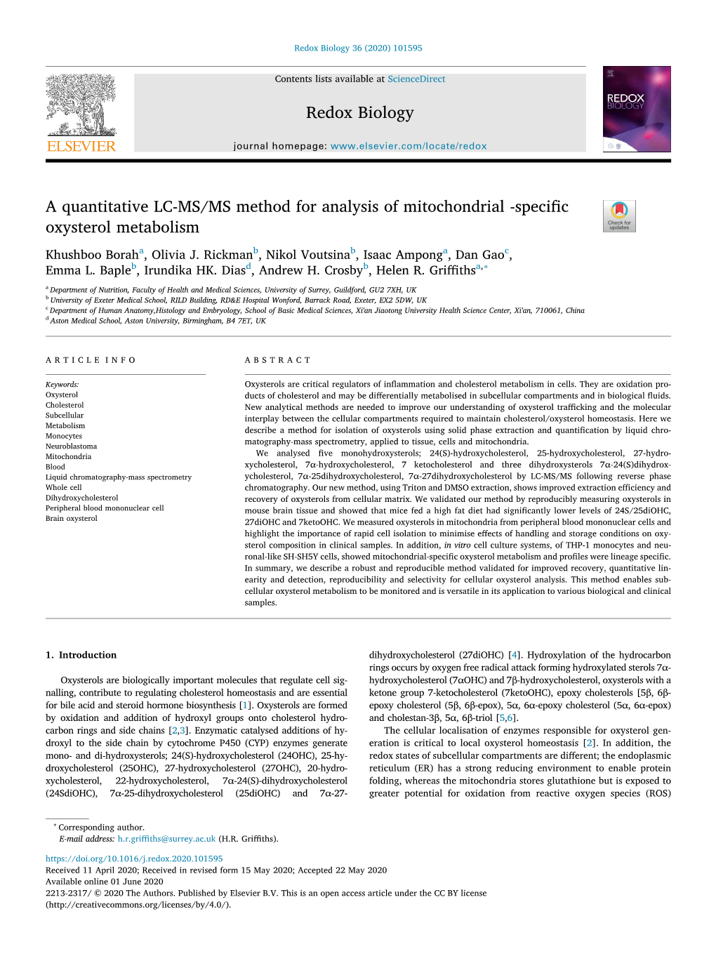 A Quantitative LC-MS/MS Method for Analysis of Mitochondrial -Specific T Oxysterol Metabolism Khushboo Boraha, Olivia J