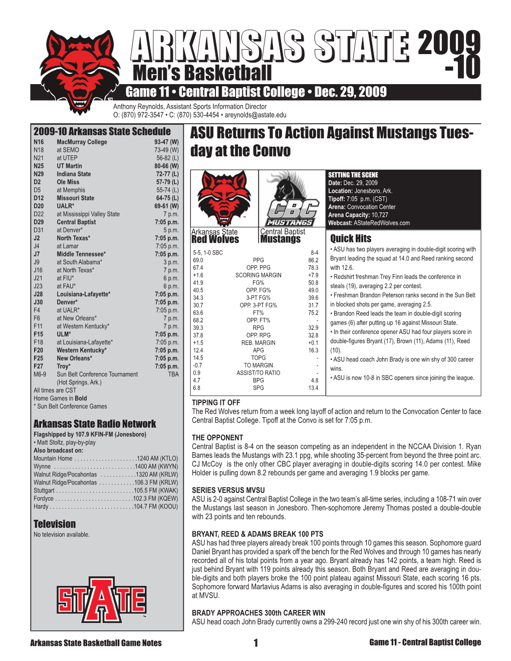 Men's Basketball Arkansas State Combined Team Statistics (As of Dec 22, 2009) All Games