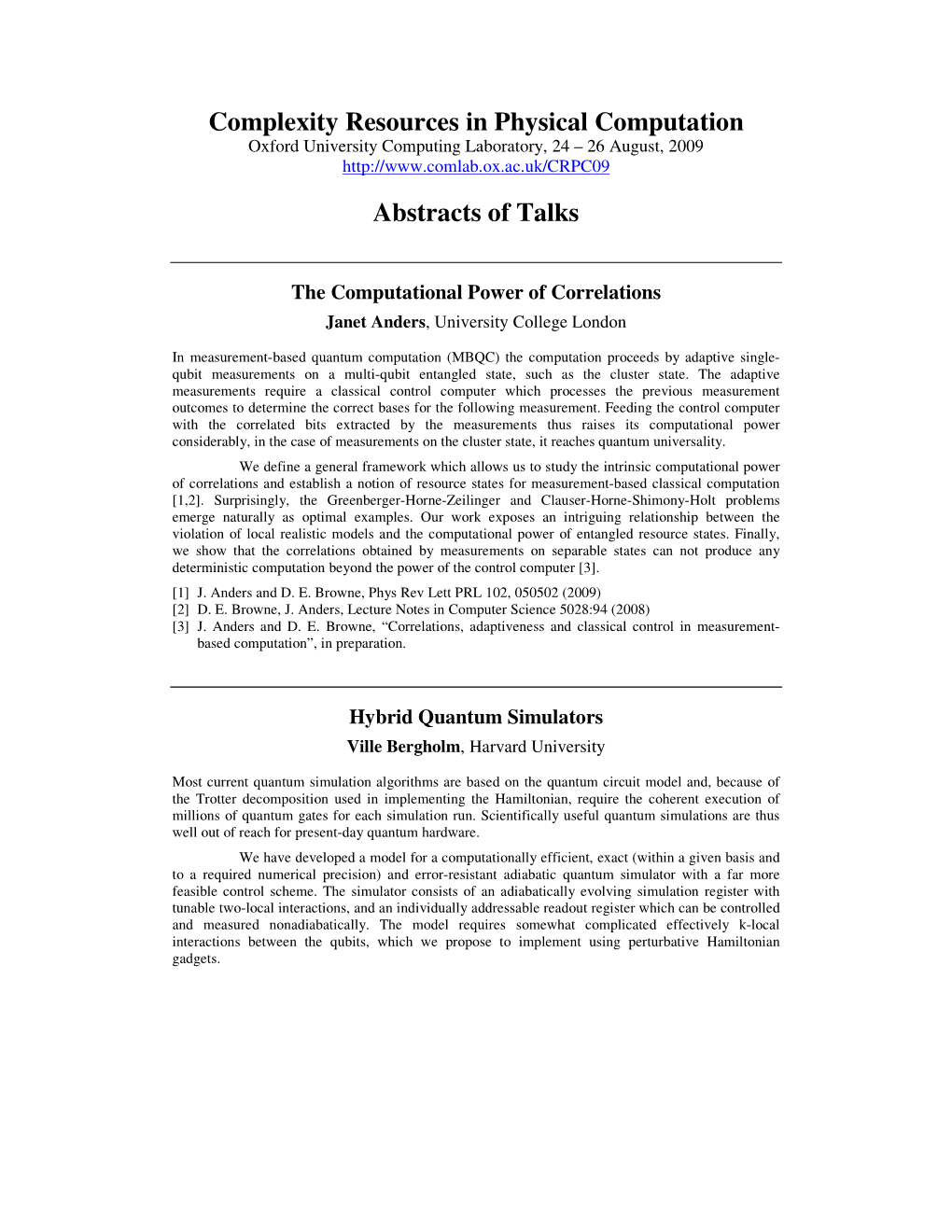 Complexity Resources in Physical Computation Abstracts of Talks