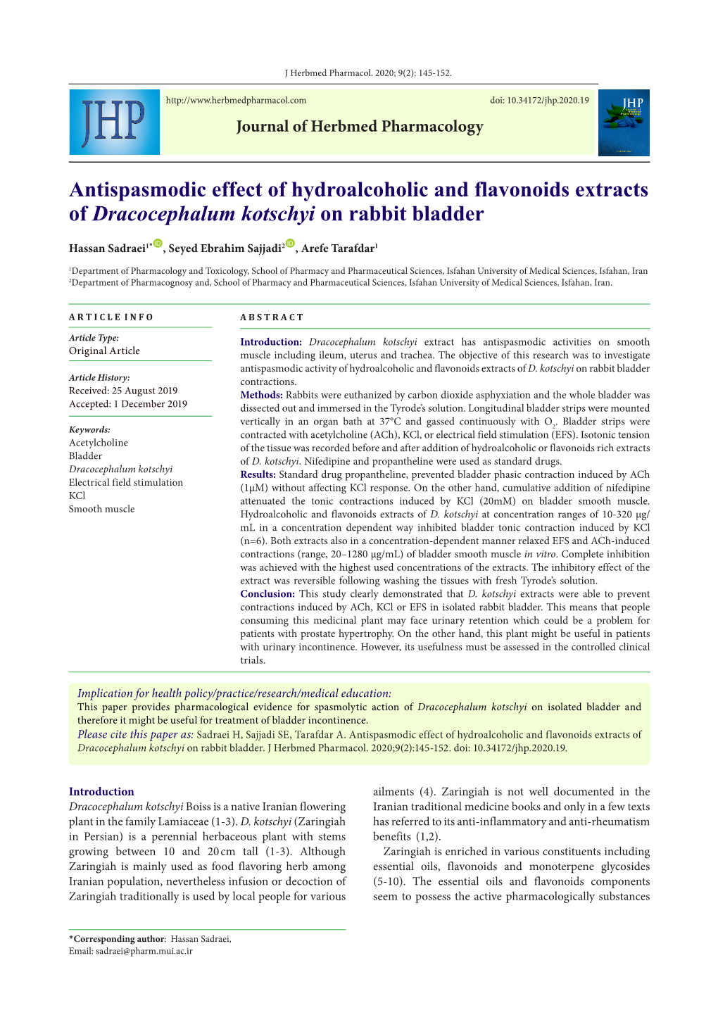 Antispasmodic Effect of Hydroalcoholic and Flavonoids Extracts of Dracocephalum Kotschyi on Rabbit Bladder