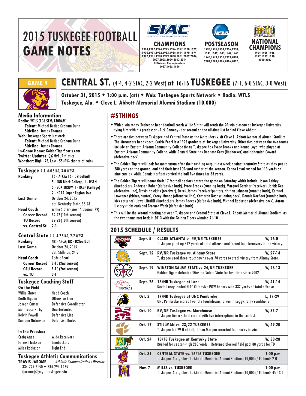 2015 Tuskegee Football Game Notes