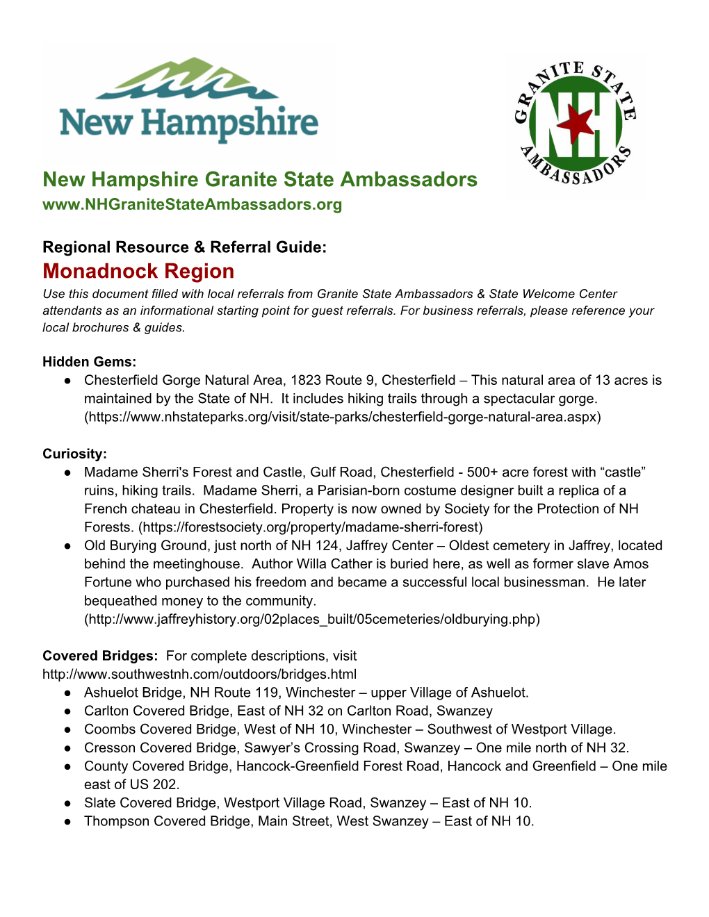 New Hampshire Granite State Ambassadors Monadnock Region