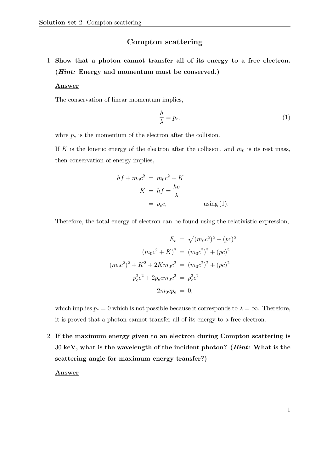 Solution Set 2: Compton Scattering