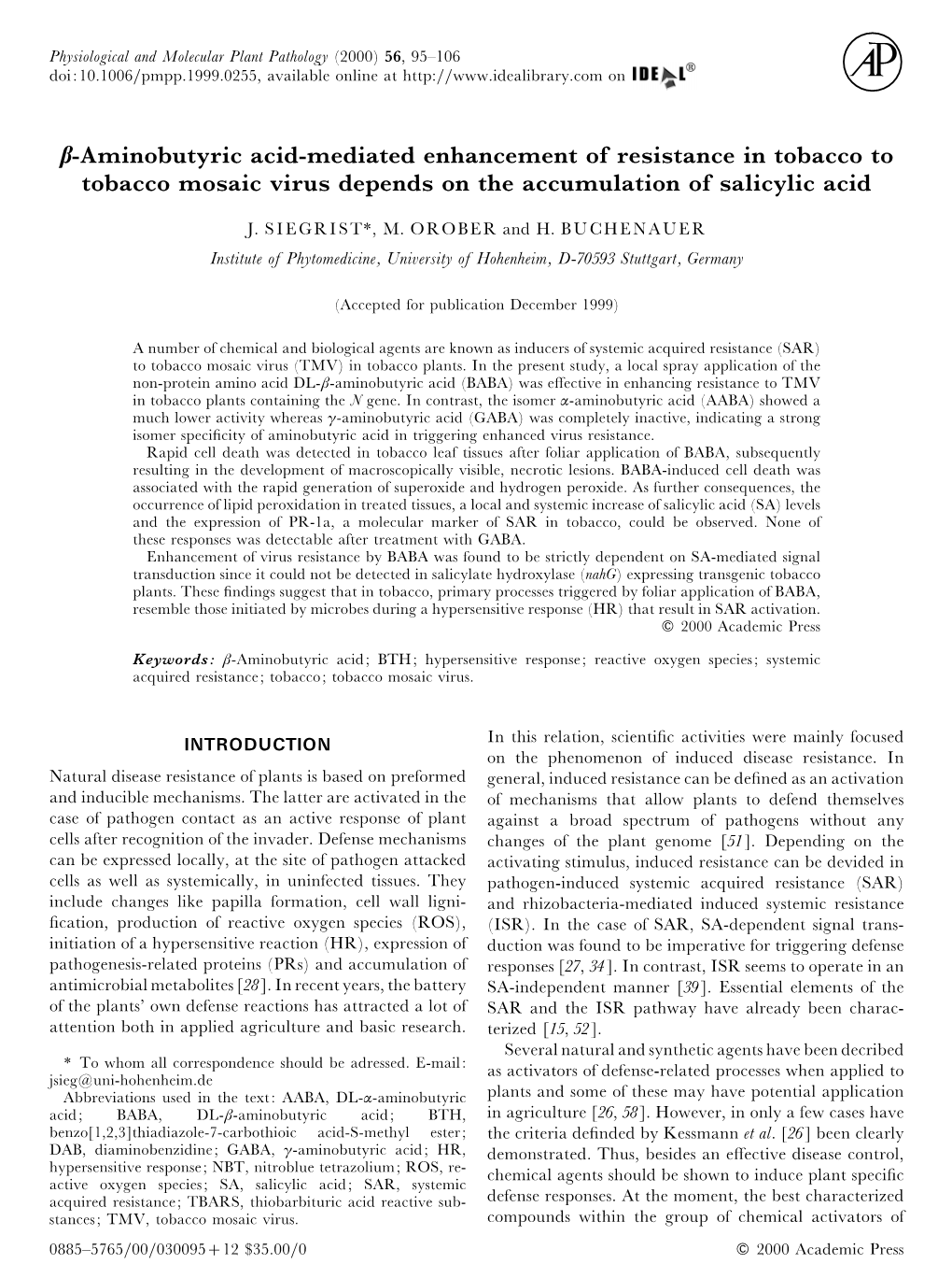 <Beta>-Aminobutyric Acid-Mediated Enhancement of Resistance In