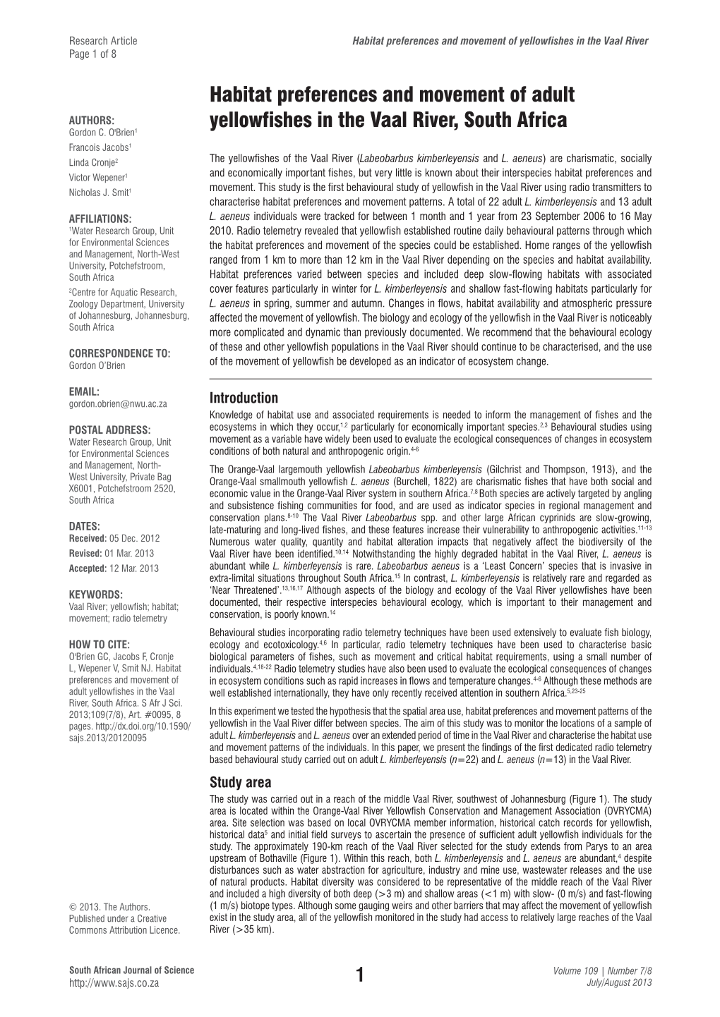 Habitat Preferences and Movement of Adult Yellowfishes in the Vaal River