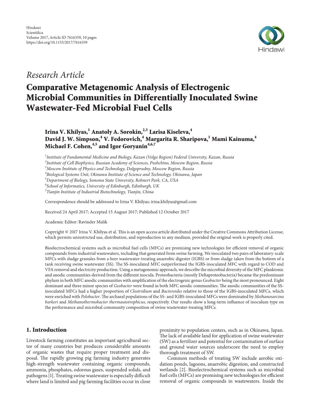 Research Article Comparative Metagenomic Analysis of Electrogenic Microbial Communities in Differentially Inoculated Swine Wastewater-Fed Microbial Fuel Cells