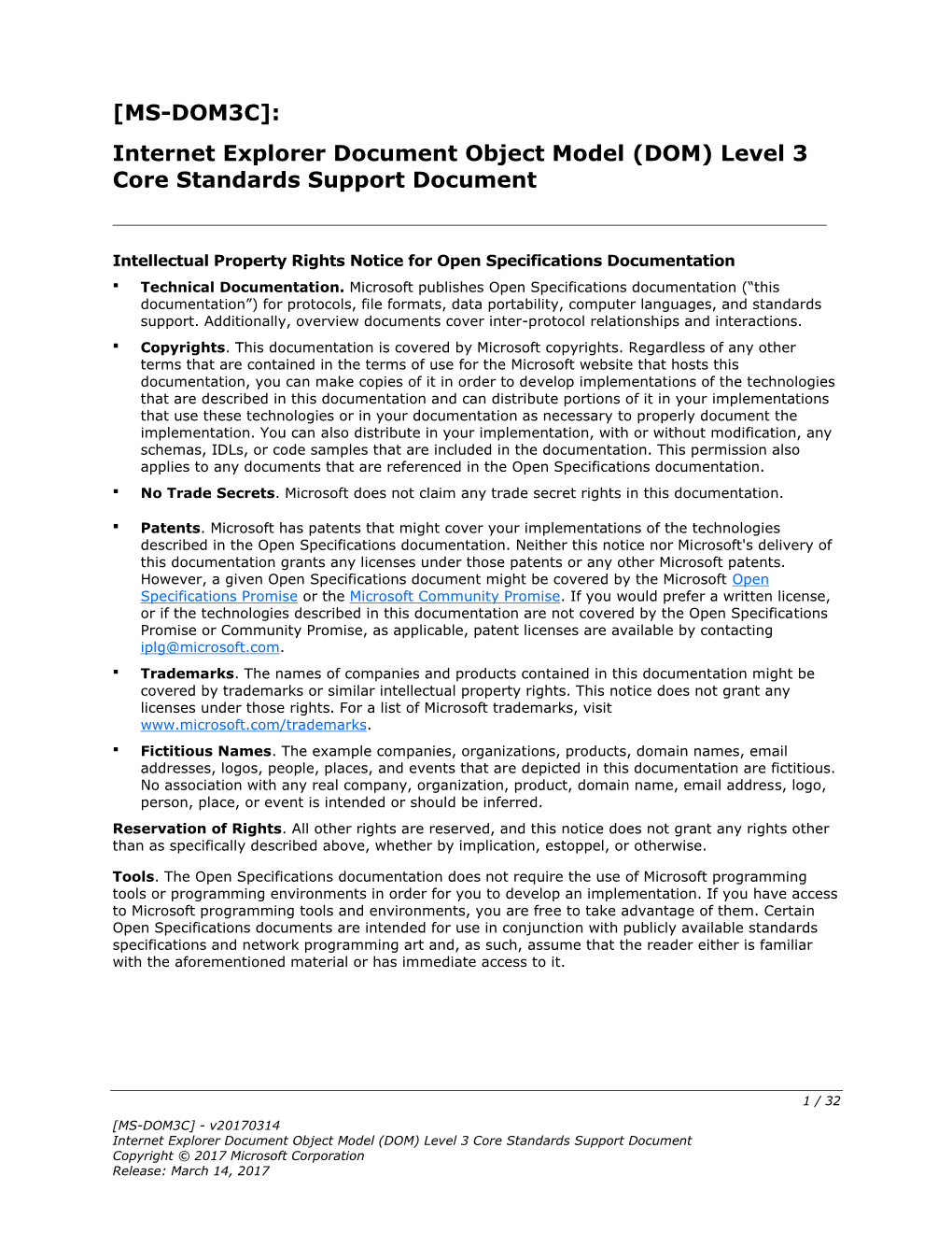 [MS-DOM3C]: Internet Explorer Document Object Model (DOM) Level 3 Core Standards Support Document