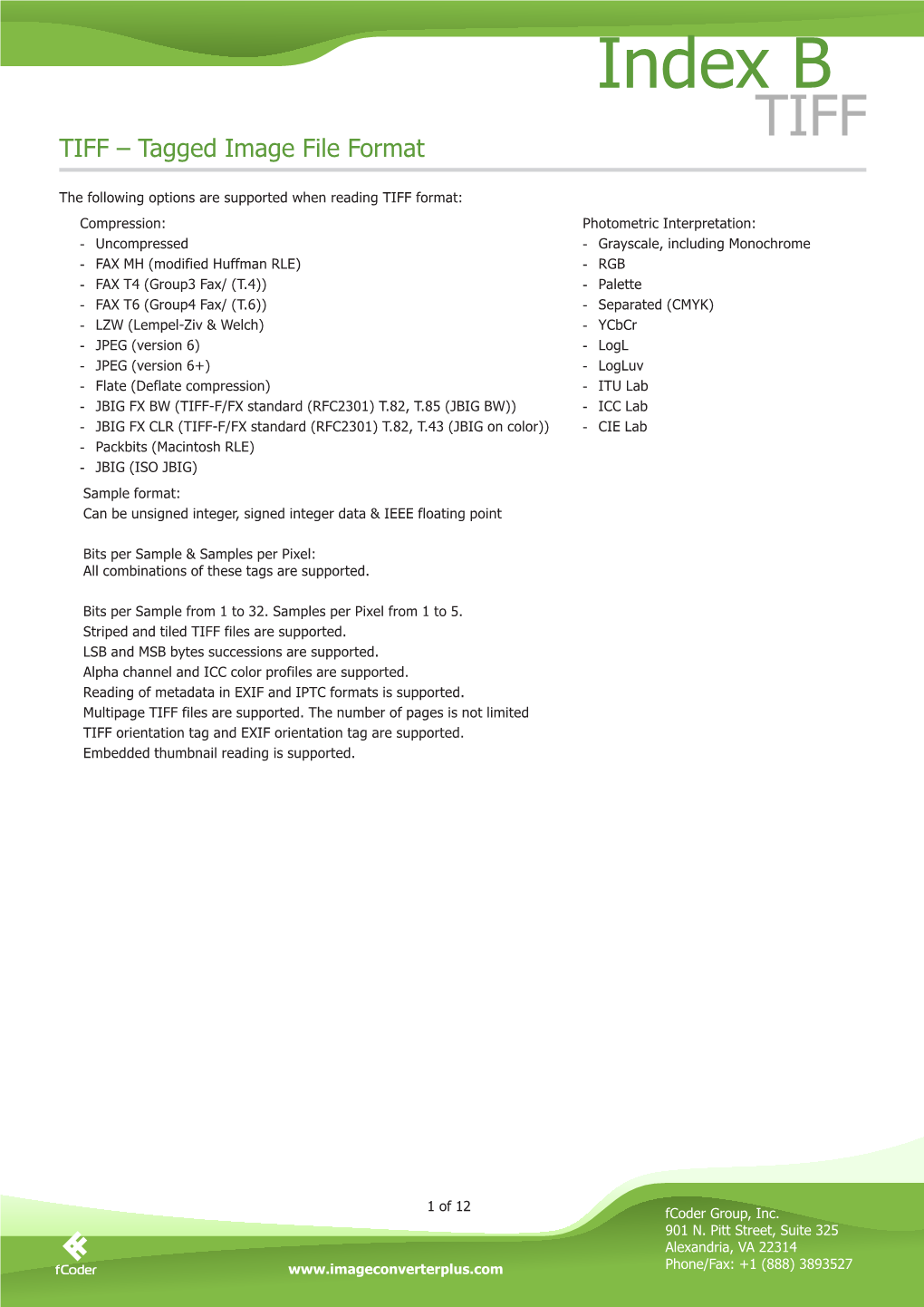 Index B TIFF TIFF – Tagged Image File Format