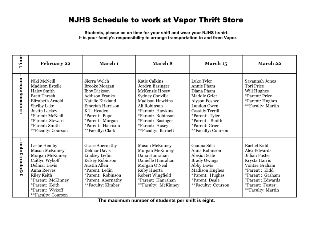 NJHS Schedule to Work at Vapor Thrift Store