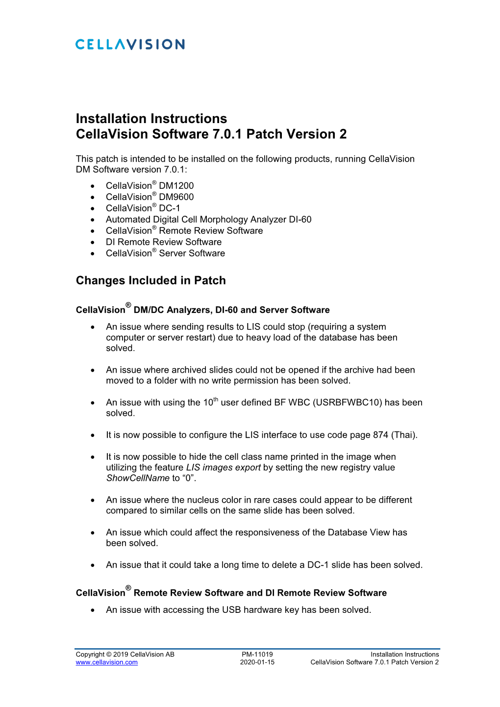 Installation Instructions Cellavision Software 7.0.1 Patch Version 2