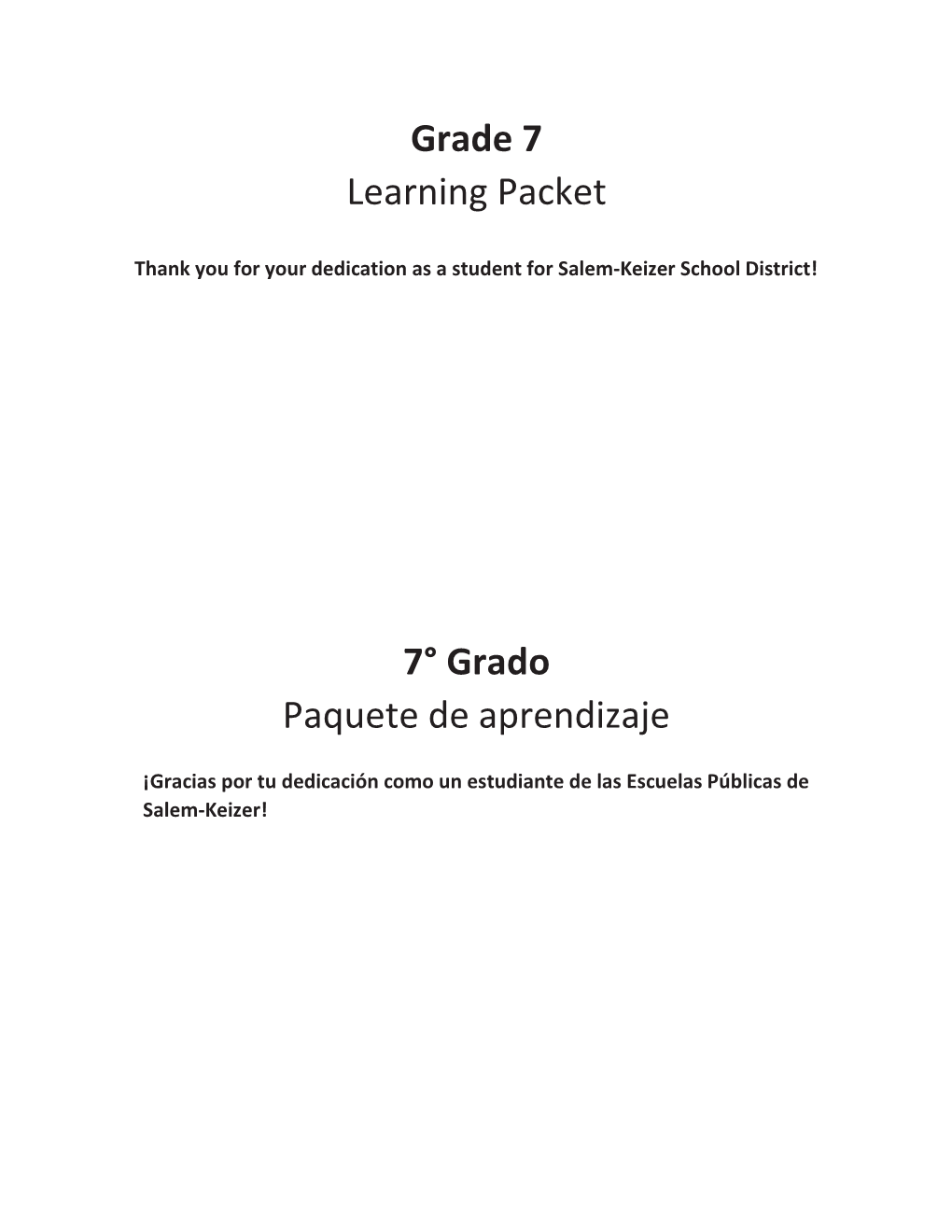 Grade 7 Learning Packet 7° Grado Paquete De Aprendizaje