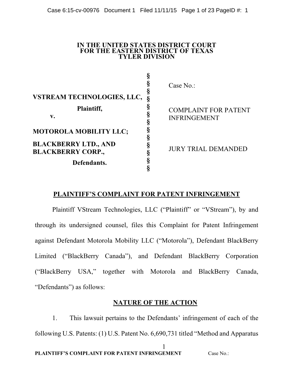 Case 6:15-Cv-00976 Document 1 Filed 11/11/15 Page 1 of 23 Pageid #: 1