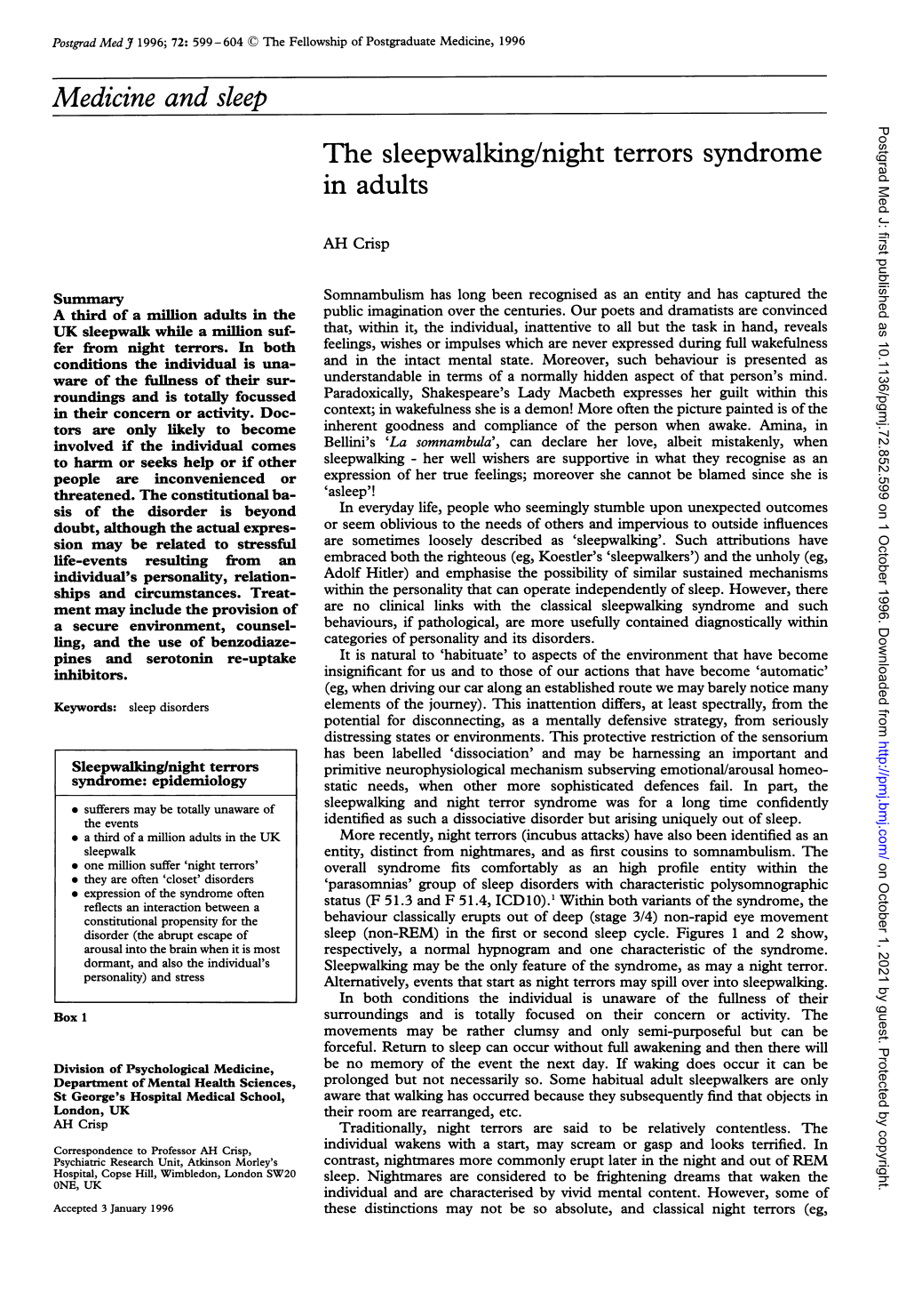 Medicine and Sleep the Sleepwalking/Night Terrors Syndrome