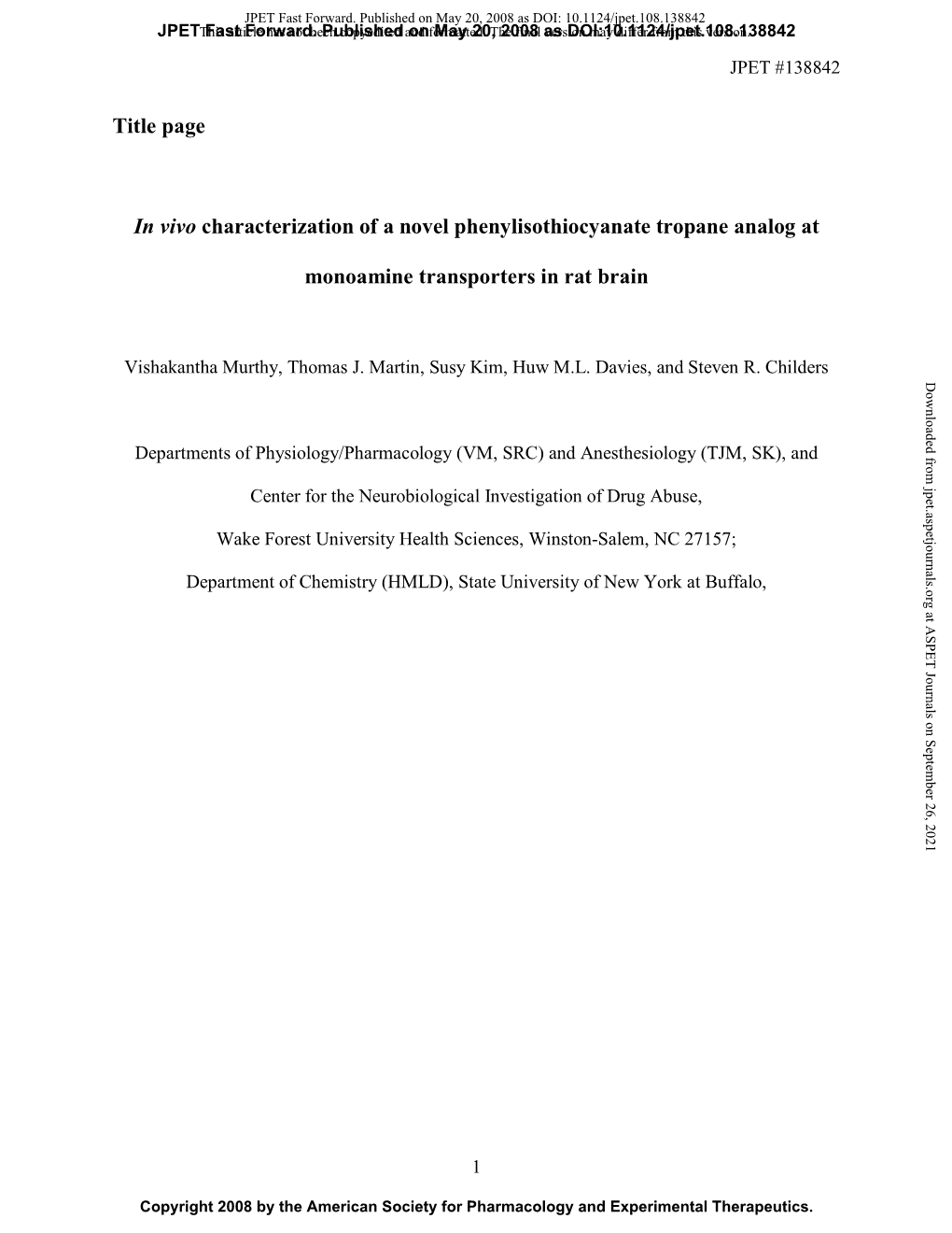 Title Page in Vivo Characterization of a Novel Phenylisothiocyanate