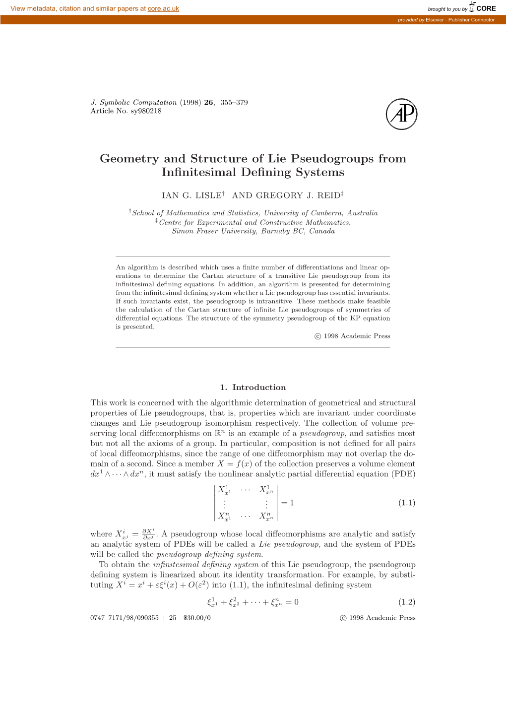 Geometry and Structure of Lie Pseudogroups from Infinitesimal Defining Systems