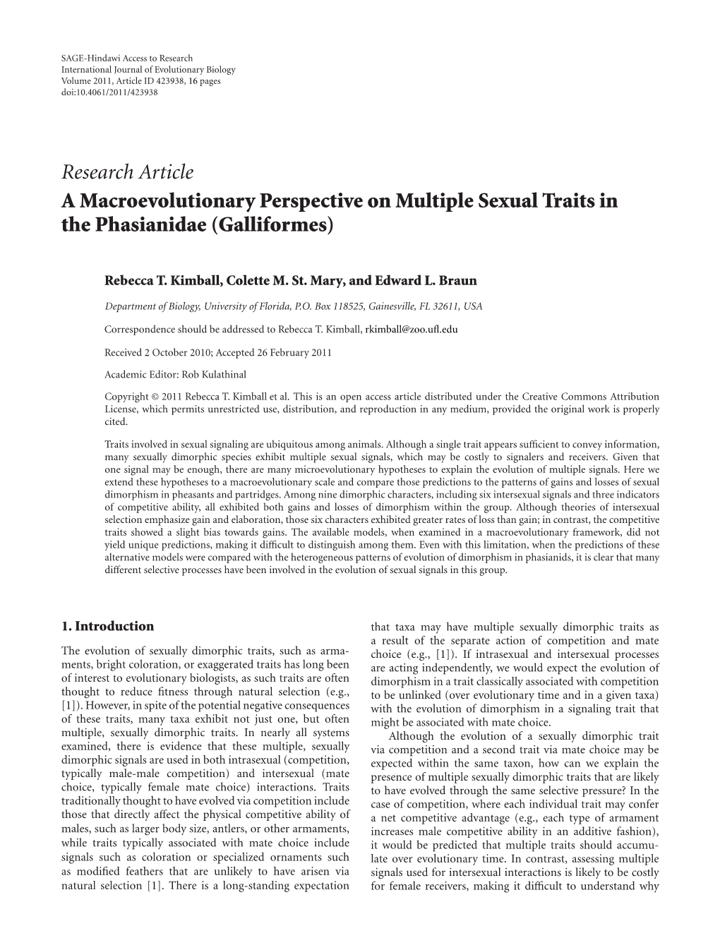 A Macroevolutionary Perspective on Multiple Sexual Traits in the Phasianidae (Galliformes)