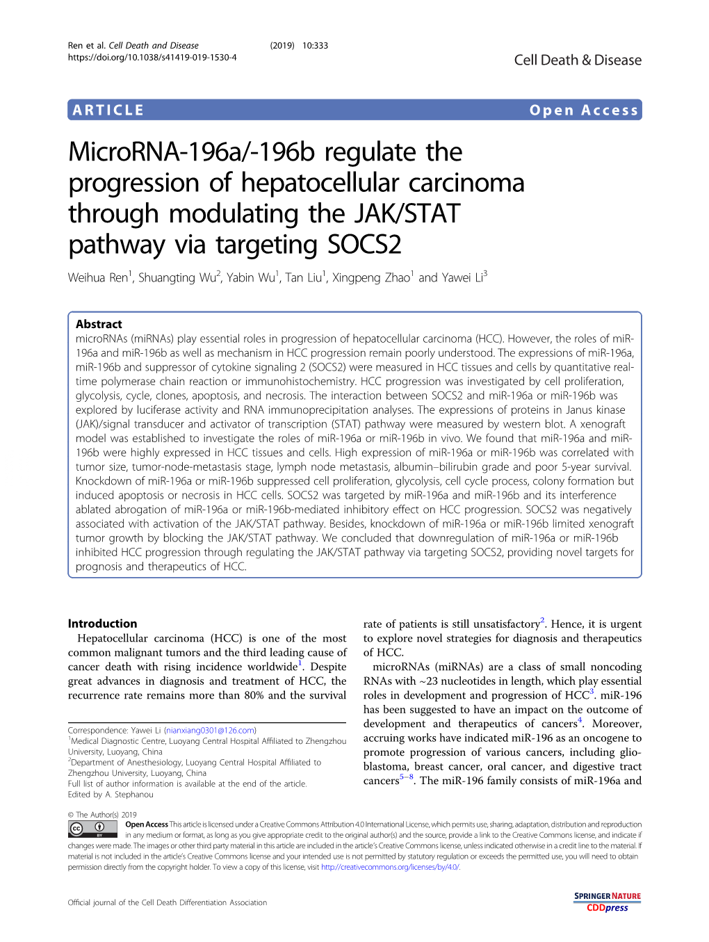 Microrna-196A/-196B Regulate the Progression of Hepatocellular