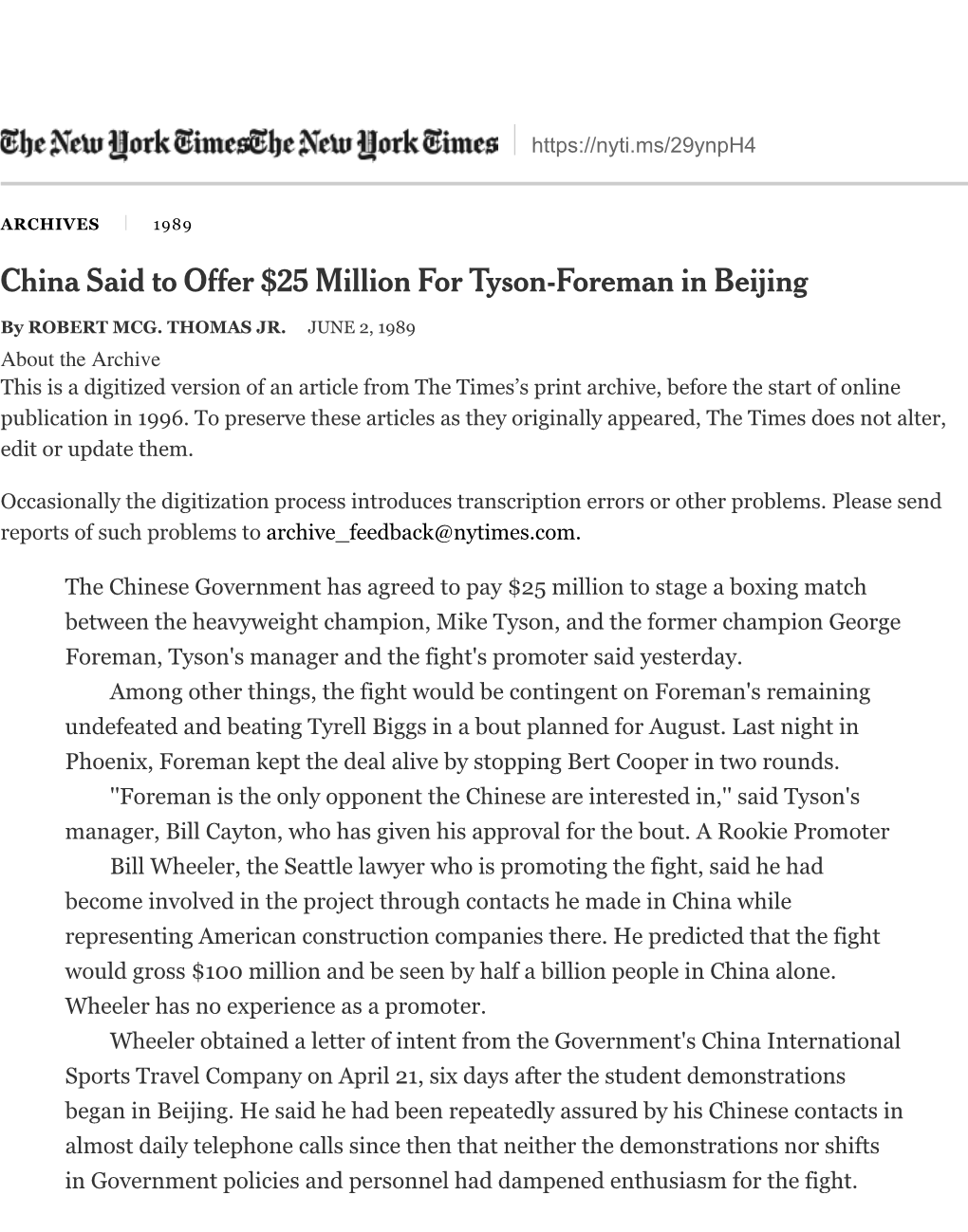 China Said to Offer $25 Million for Tyson-Foreman in Beijing