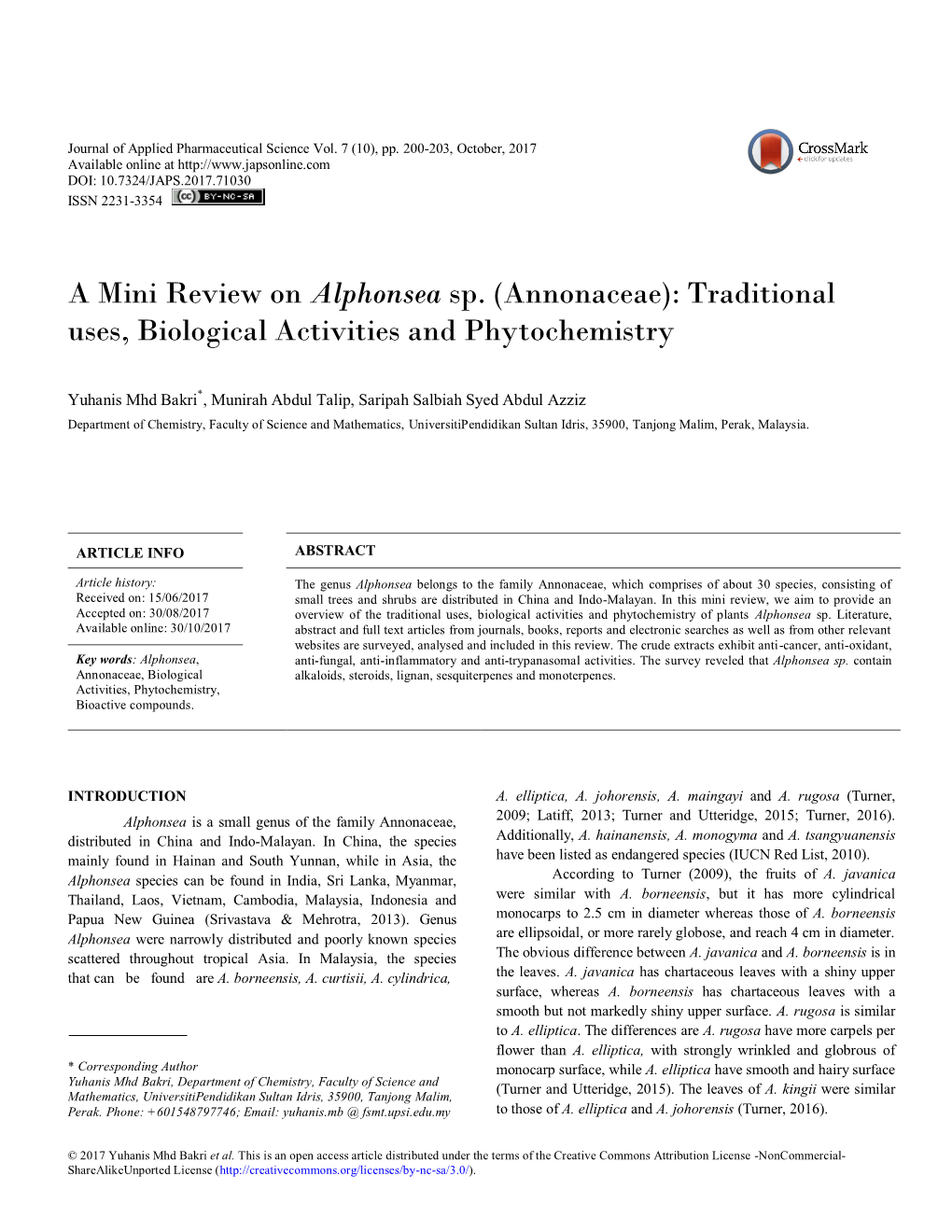 A Mini Review on Alphonsea Sp. (Annonaceae): Traditional Uses, Biological Activities and Phytochemistry