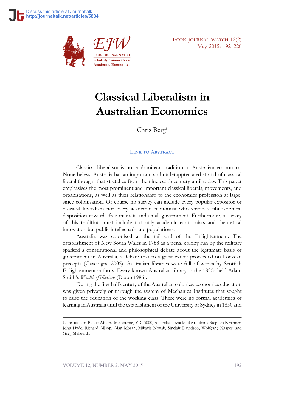 Classical Liberalism in Australian Economics · Econ Journal Watch : Australian Economics,History of Economic Thought,Economic H