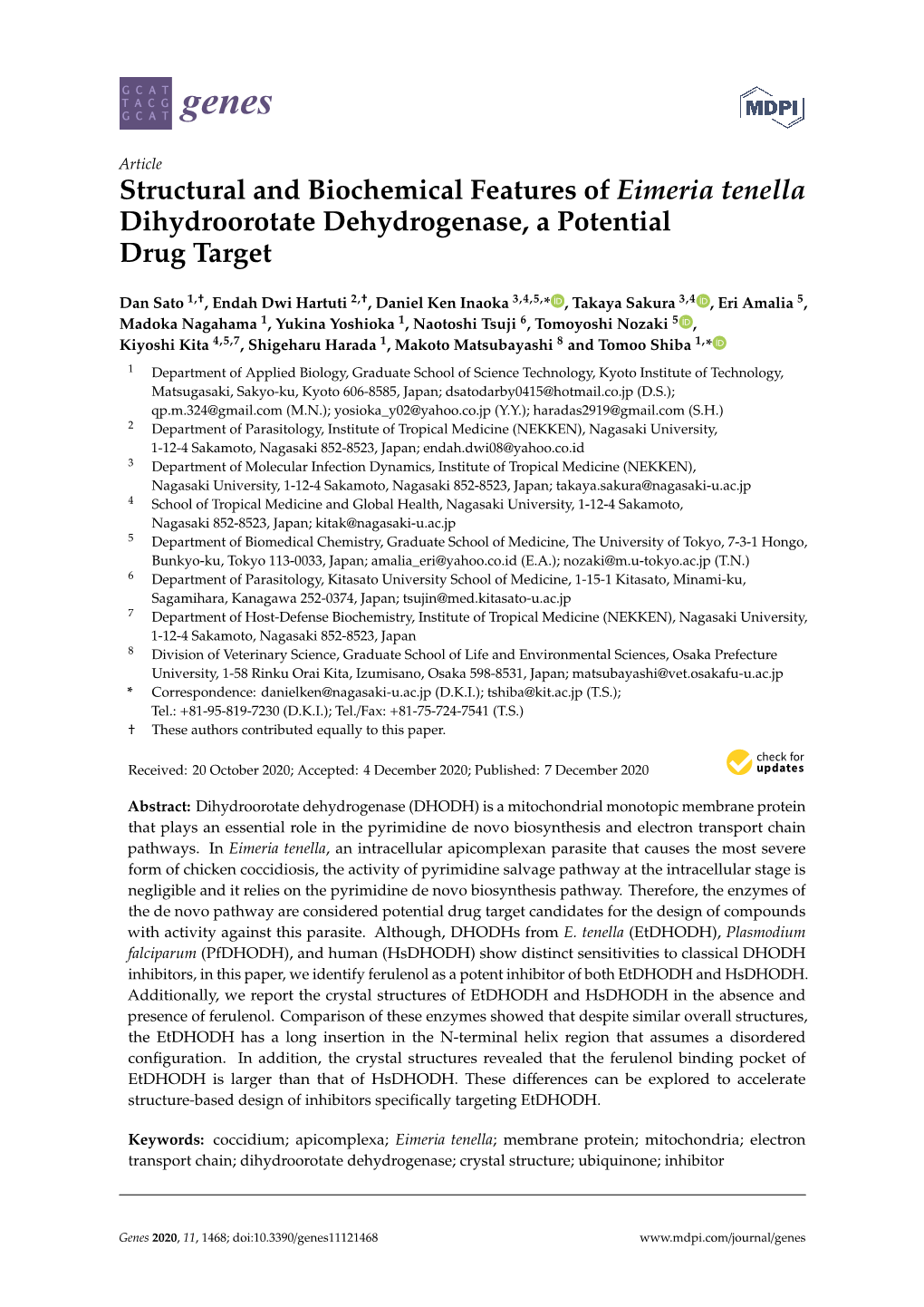 Structural and Biochemical Features of Eimeria Tenella Dihydroorotate Dehydrogenase, a Potential Drug Target