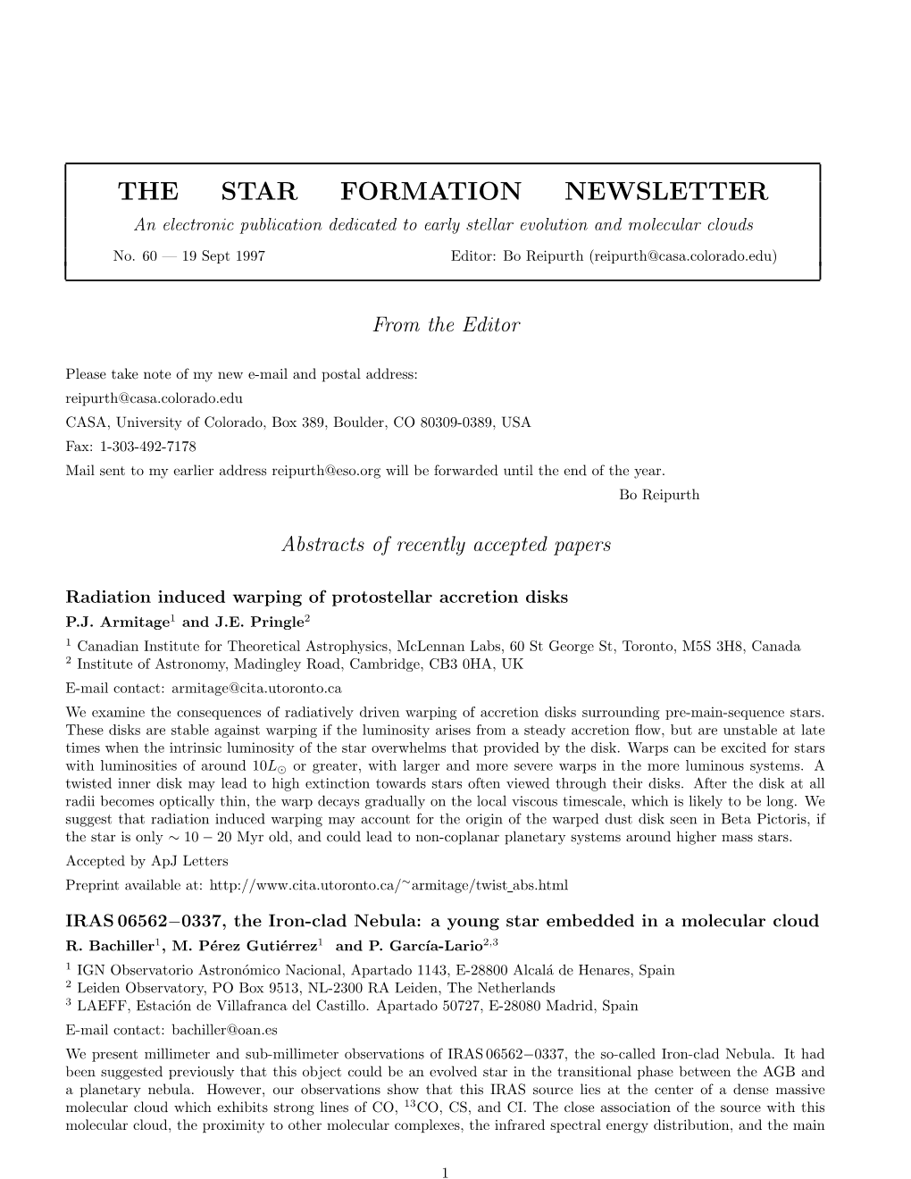 THE STAR FORMATION NEWSLETTER an Electronic Publication Dedicated to Early Stellar Evolution and Molecular Clouds