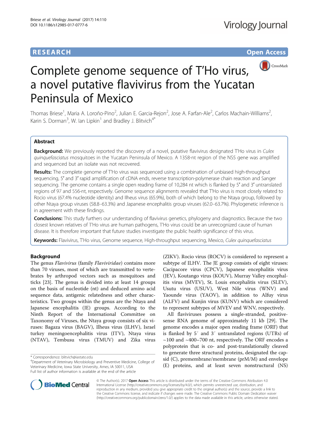 Complete Genome Sequence of T'ho Virus, a Novel Putative Flavivirus