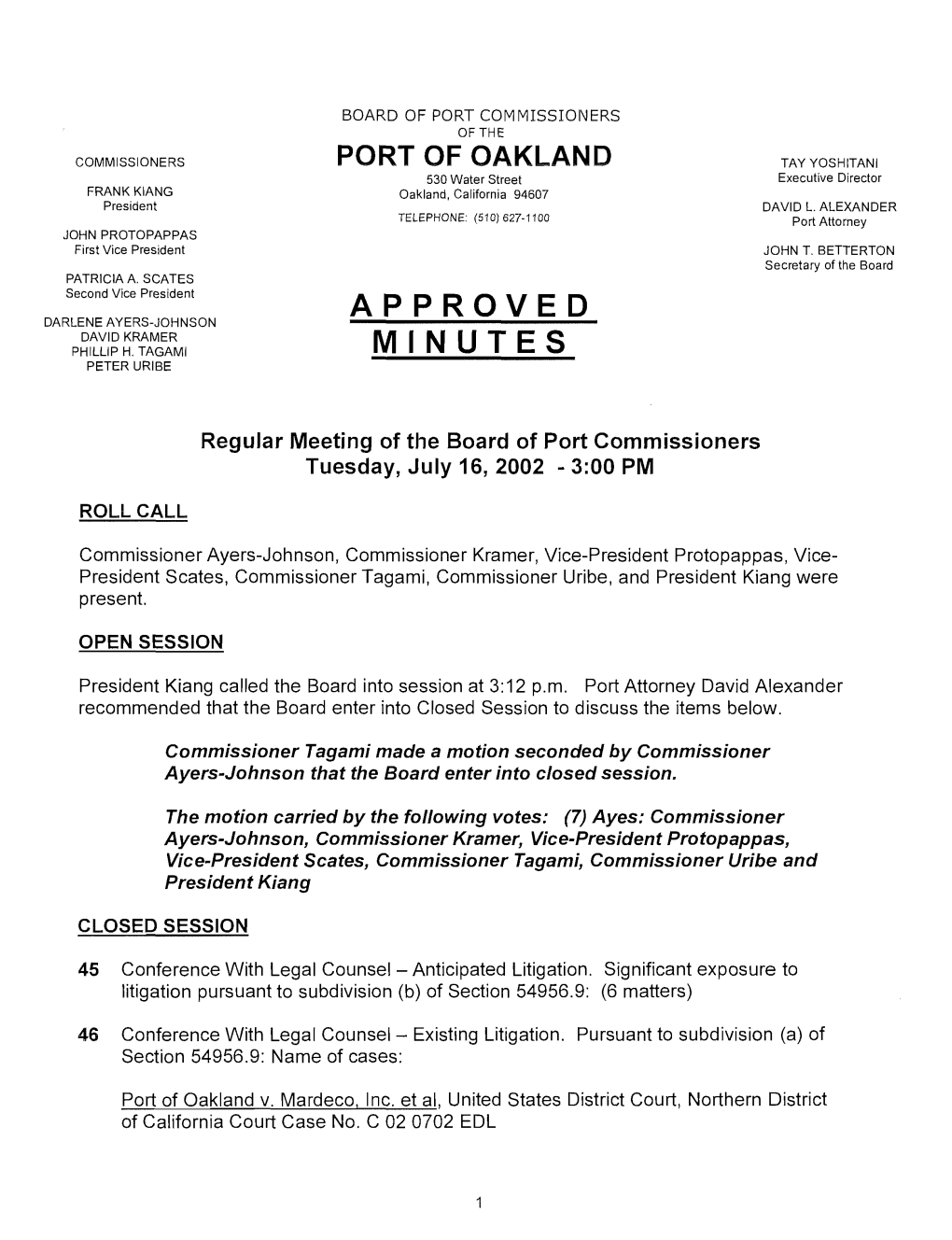 Continued Meeting of the Board of Port Commissioners Monday, September 23, 2002 — 1:30 PM