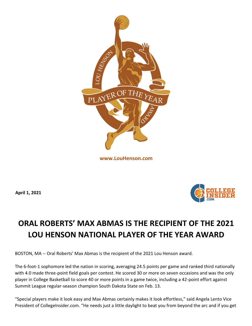 Oral Roberts' Max Abmas Is the Recipient of the 2021 Lou Henson