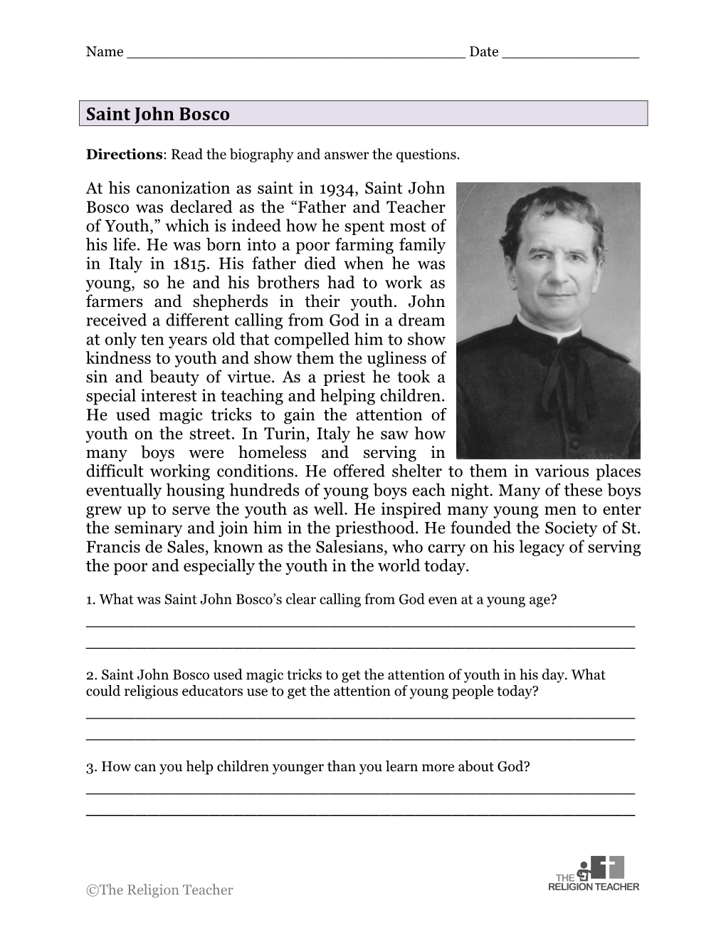 Saint John Bosco Worksheet