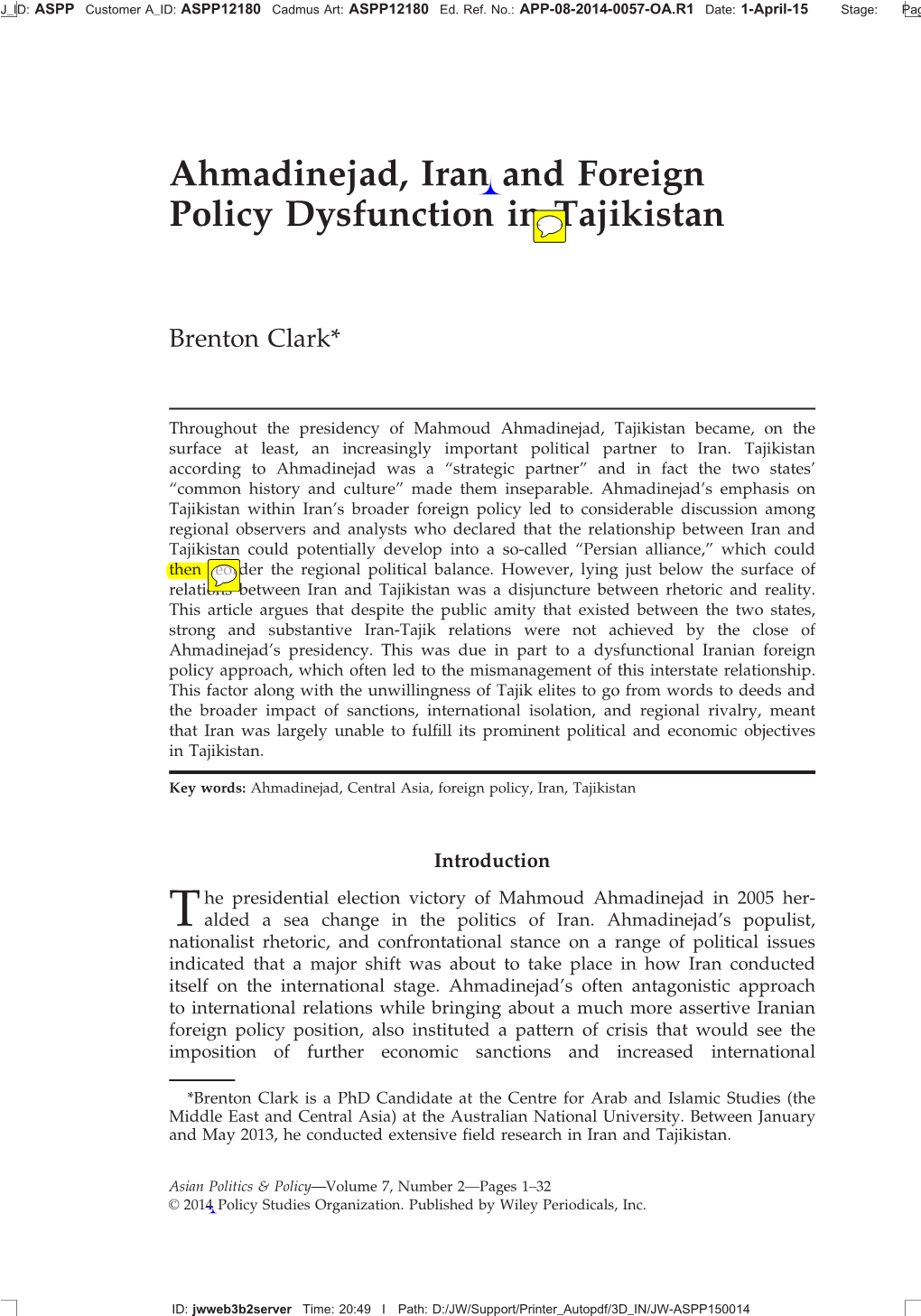 Ahmadinejad, Iran and Foreign Policy Dysfunction in Tajikistan