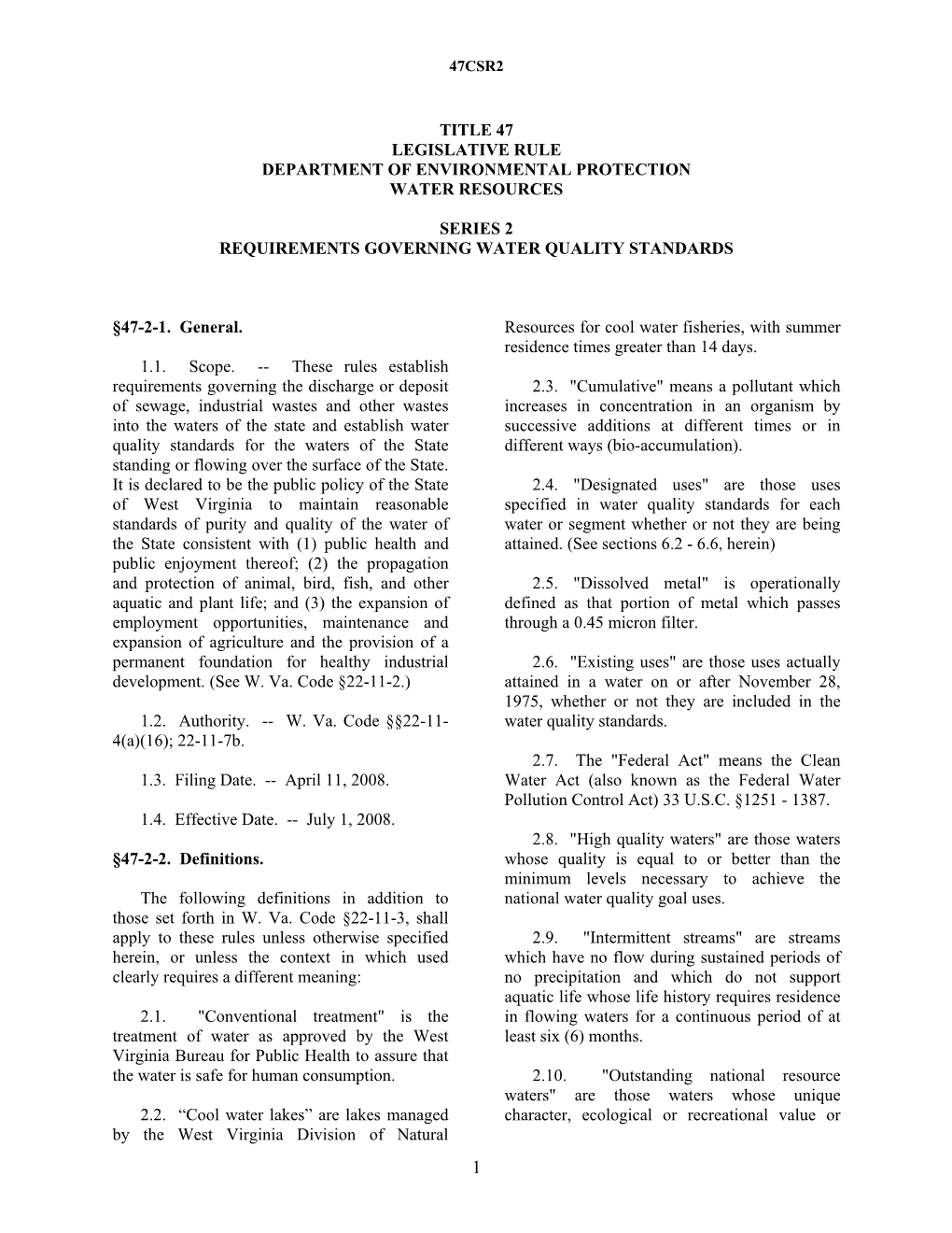 Title 47 Legislative Rule Department of Environmental Protection Water Resources