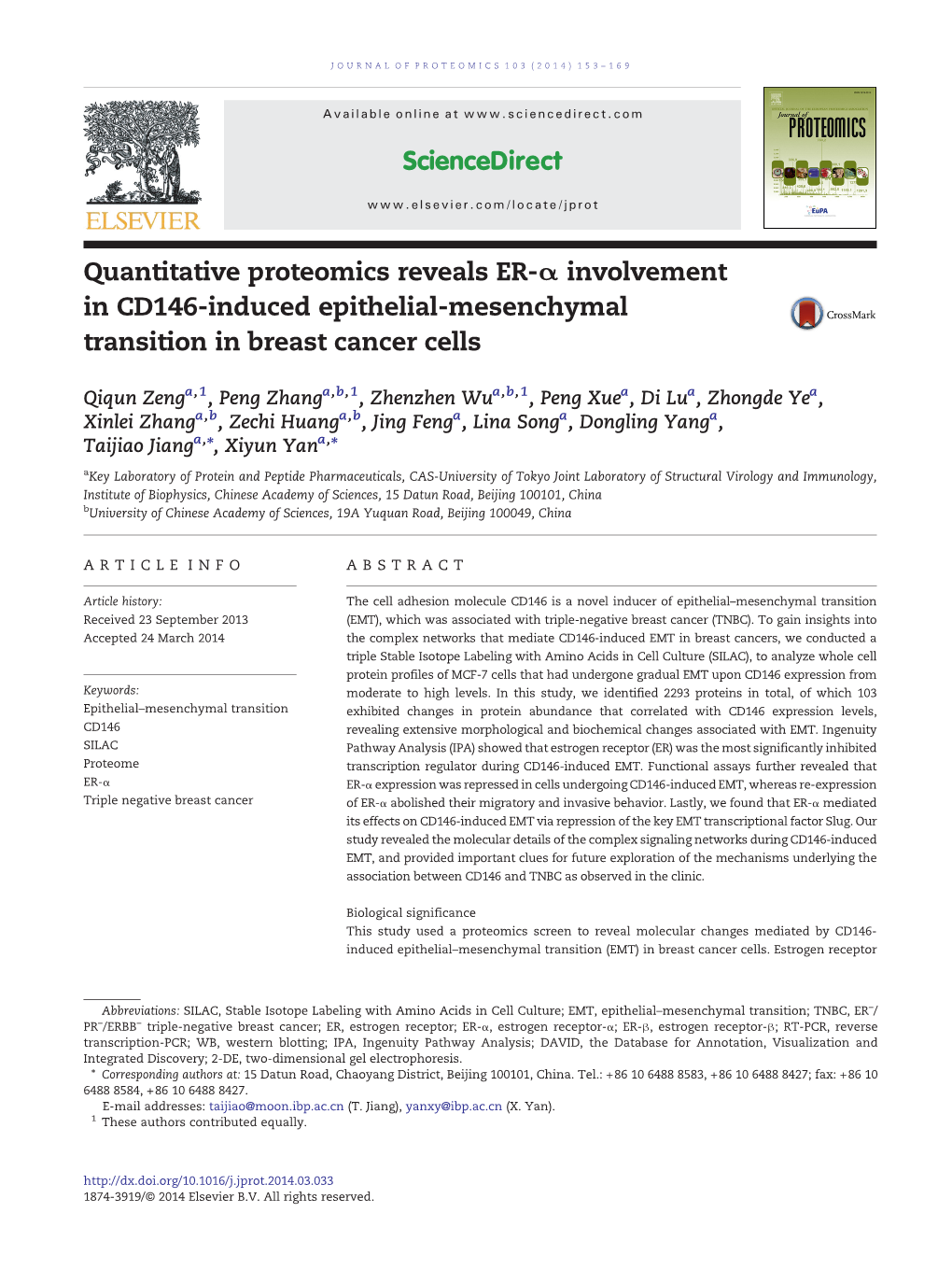 Quantitative Proteomics Reveals ER-Α Involvement in CD146-Induced Epithelial-Mesenchymal Transition in Breast Cancer Cells