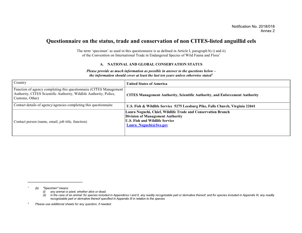 Questionnaire on the Status, Trade and Conservation of Non CITES-Listed Anguillid Eels