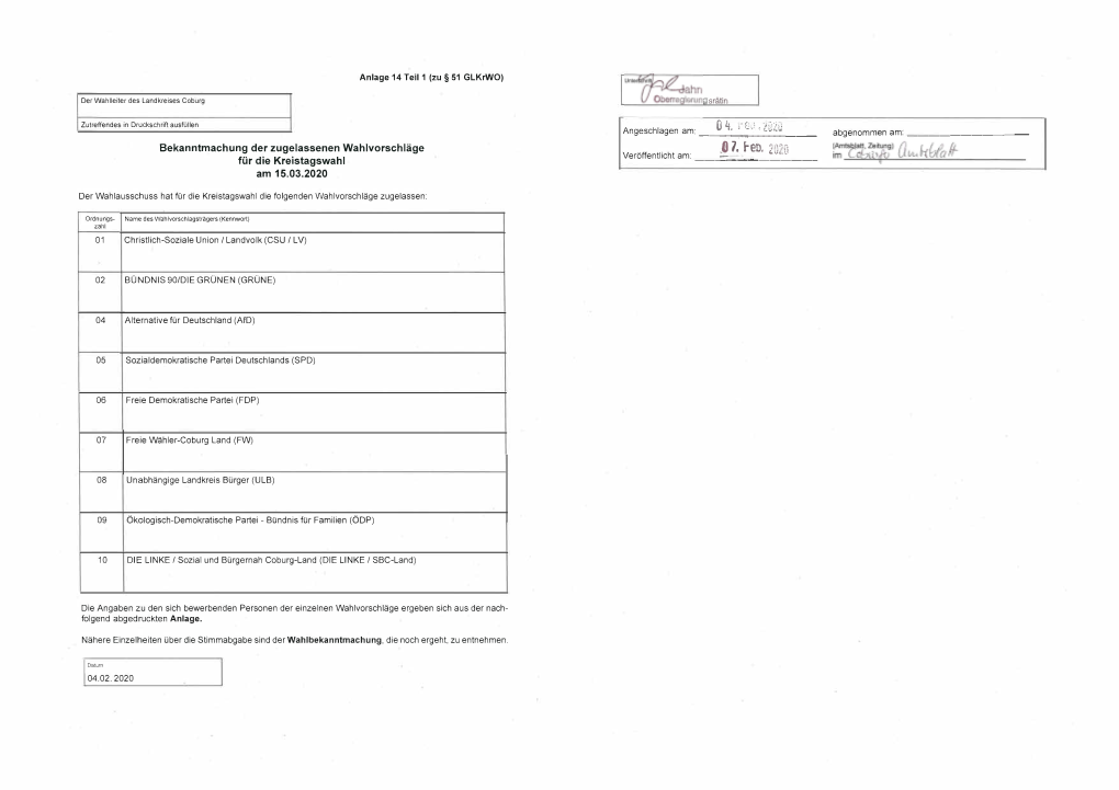 Bekanntmachung Der Zugelassenen Wahlvorschläge Für Die Kreistagswahl Am 15.03.2020