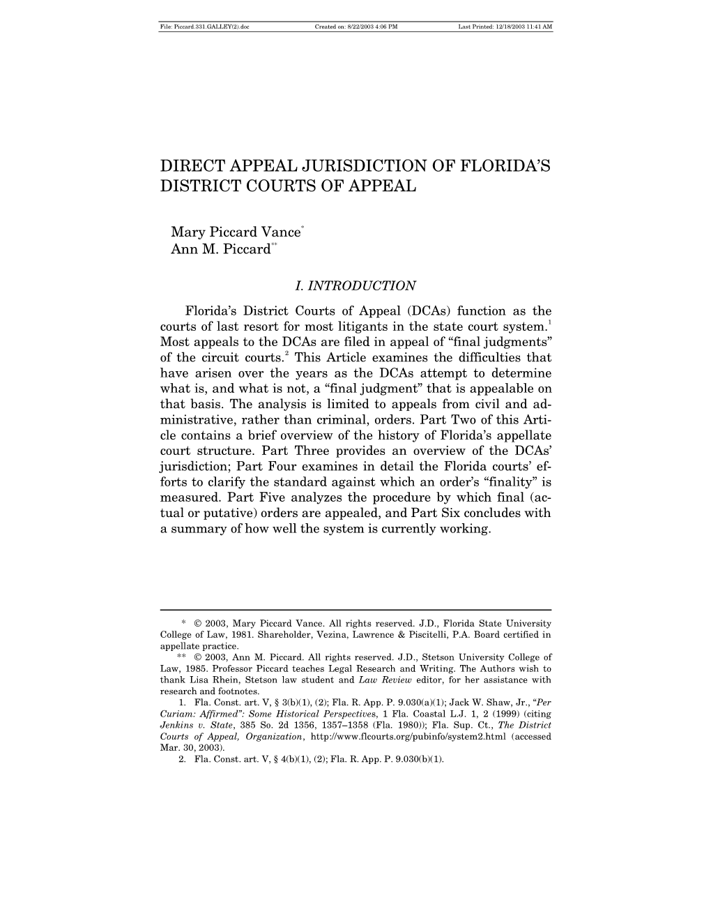 Direct Appeal Jurisdiction of Florida's District Courts Of