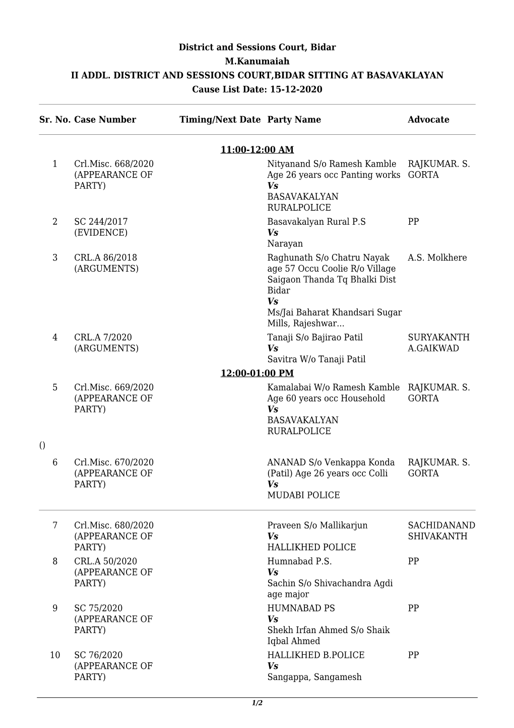 District and Sessions Court, Bidar M.Kanumaiah II ADDL. DISTRICT and SESSIONS COURT,BIDAR SITTING at BASAVAKLAYAN Cause List Date: 15-12-2020