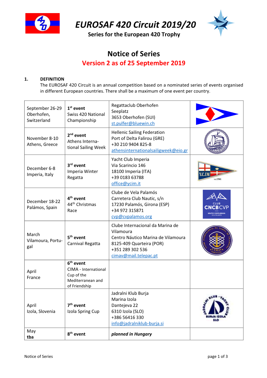 EUROSAF 420 Circuit 2019/20 Series for the European 420 Trophy