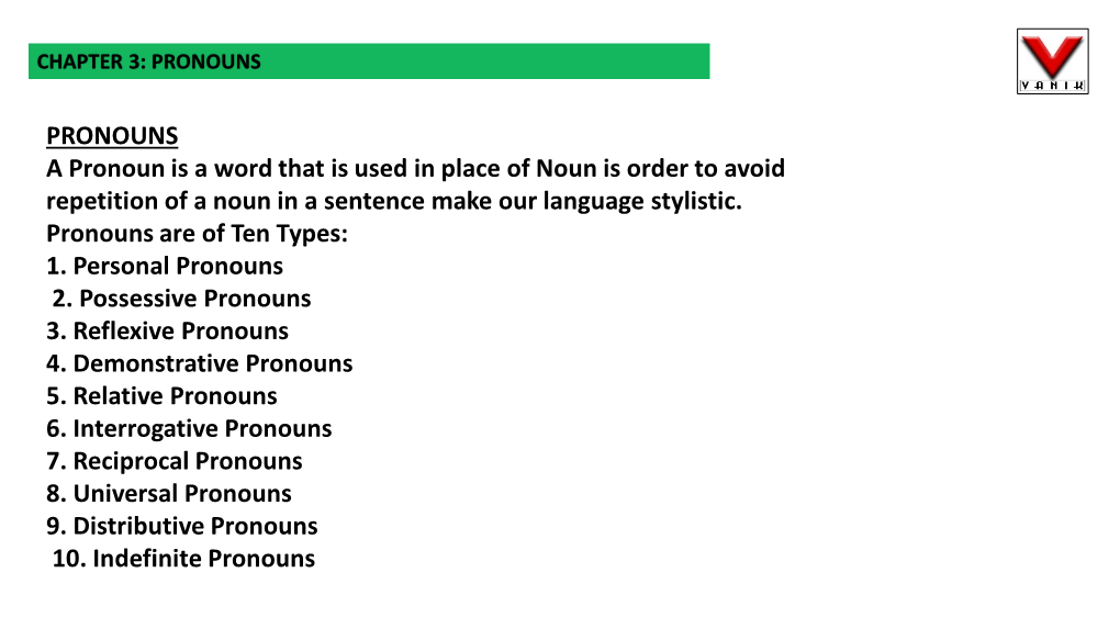 PRONOUNS a Pronoun Is a Word That Is Used in Place of Noun Is Order to Avoid Repetition of a Noun in a Sentence Make Our Language Stylistic